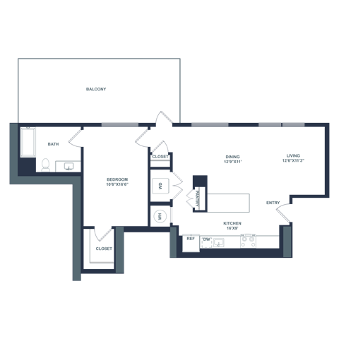 Floor plan for 1 bed, 1 bath, 876 sqft